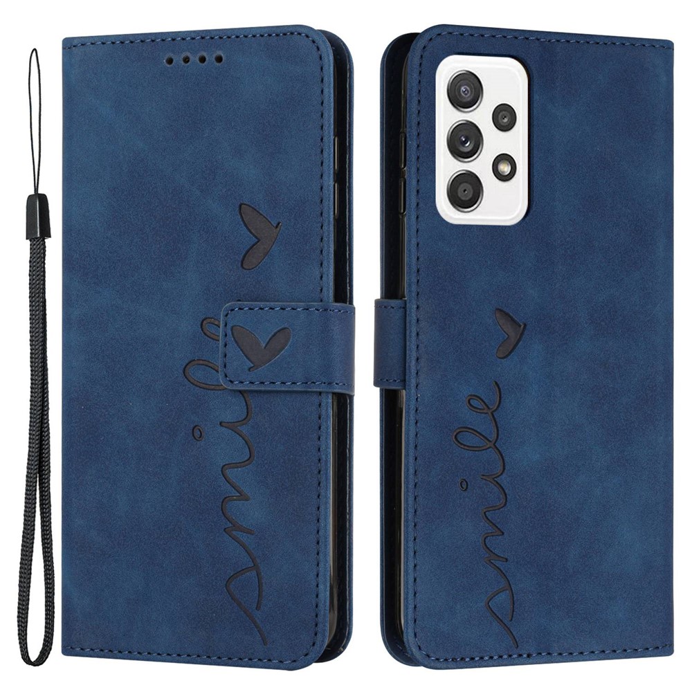 Shockproof Leather Phone Case for Samsung Galaxy A72 4G/5G, Skin-touch Stand Wallet Cover with Imprinting Heart Shape - Sapphire