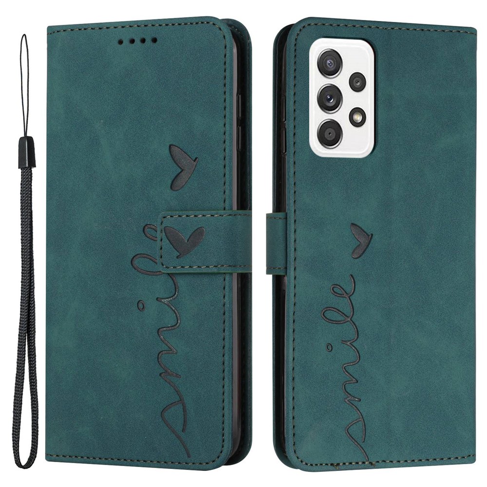 Shockproof Leather Phone Case for Samsung Galaxy A72 4G/5G, Skin-touch Stand Wallet Cover with Imprinting Heart Shape - Green