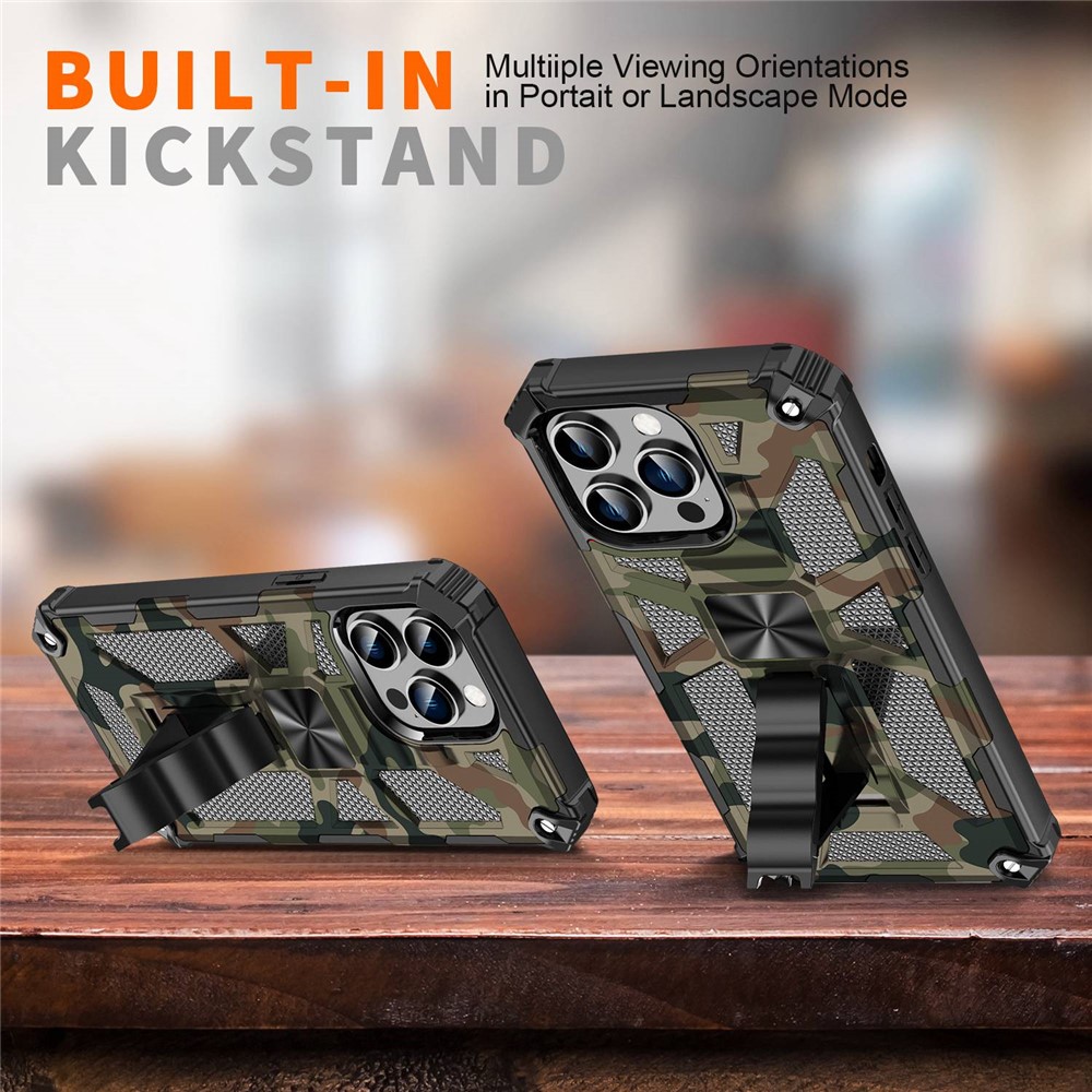 For iPhone 14 Pro 6.1 inch Anti-drop Military Grade Camouflage Kickstand Phone Case PC + TPU Scratch Resistant Cellphone Cover - Army Green-3