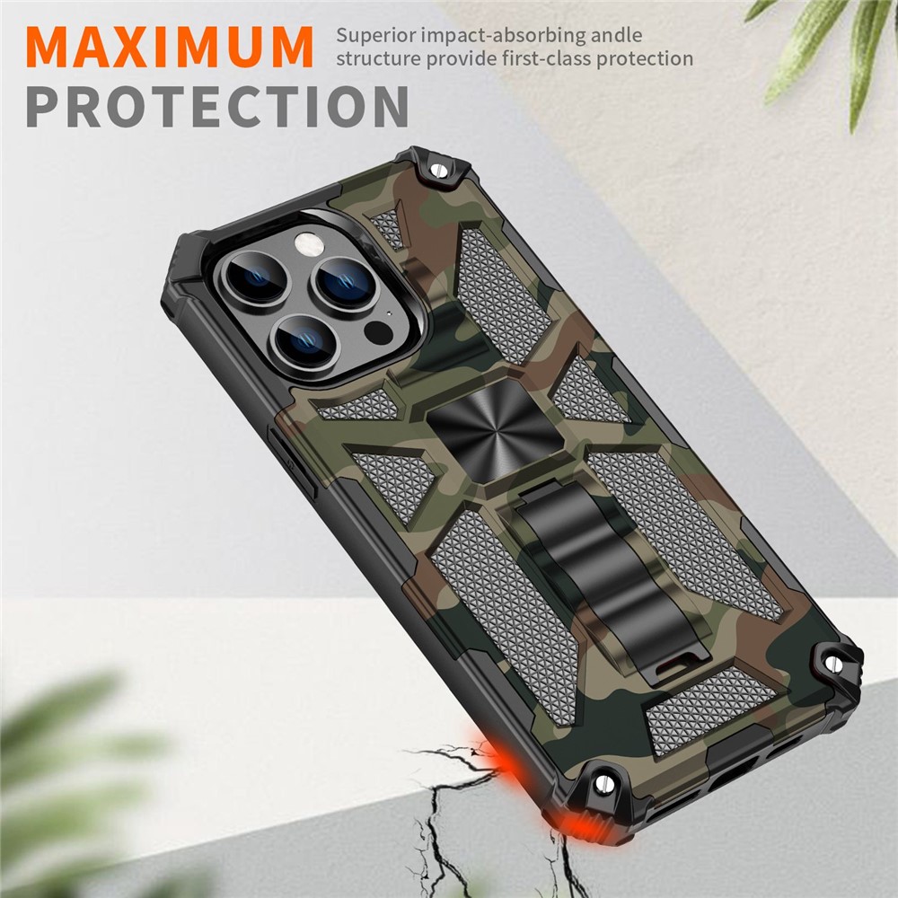 For iPhone 14 Pro 6.1 inch Anti-drop Military Grade Camouflage Kickstand Phone Case PC + TPU Scratch Resistant Cellphone Cover - Army Green-5