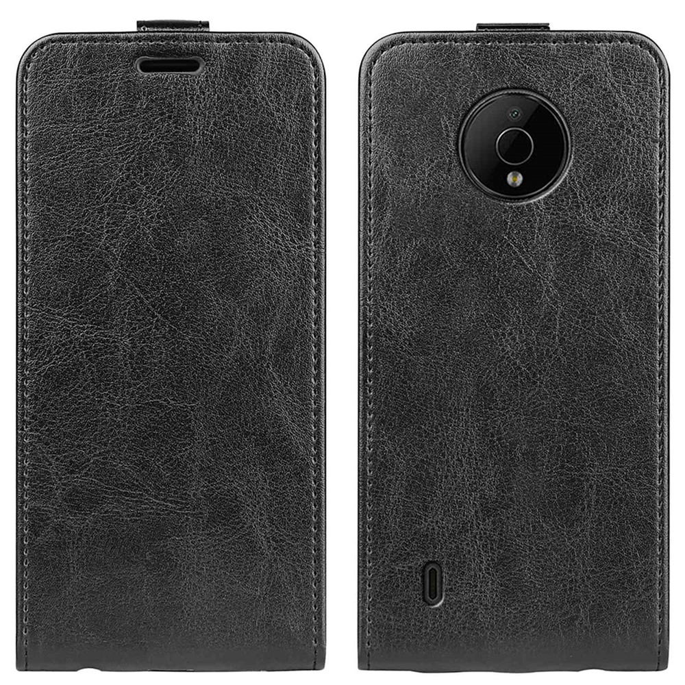 For Nokia C200 4G Crazy Horse Texture PU Leather Cover Vertical Flip Card Holder Phone Case - Black-1