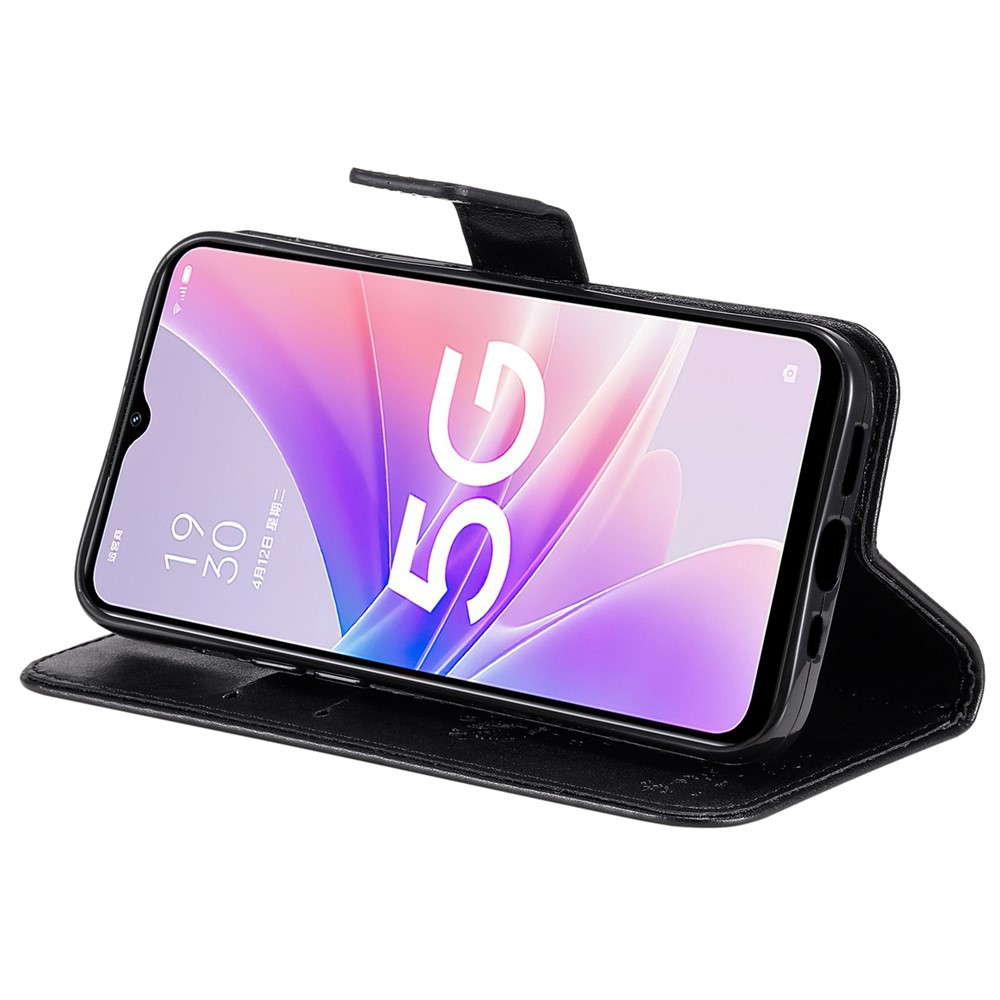 For Oppo A57 (2022) 5G/Realme V23 4G KT Imprinting Flower Series-3 Wallet Phone Case Cat Tree Pattern Imprinted PU Leather Stand Magnetic Flip Cover with Strap - Black-3