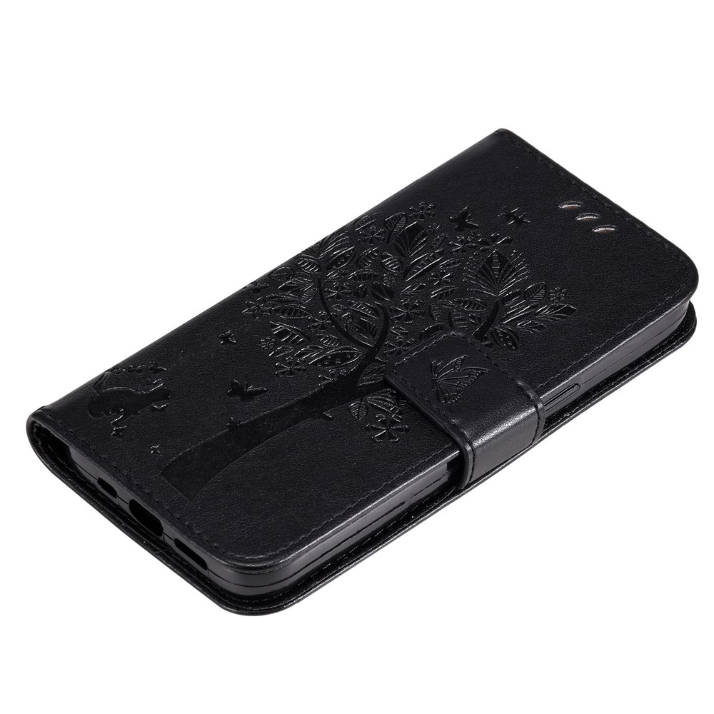 For Oppo A57 (2022) 5G/Realme V23 4G KT Imprinting Flower Series-3 Wallet Phone Case Cat Tree Pattern Imprinted PU Leather Stand Magnetic Flip Cover with Strap - Black-5