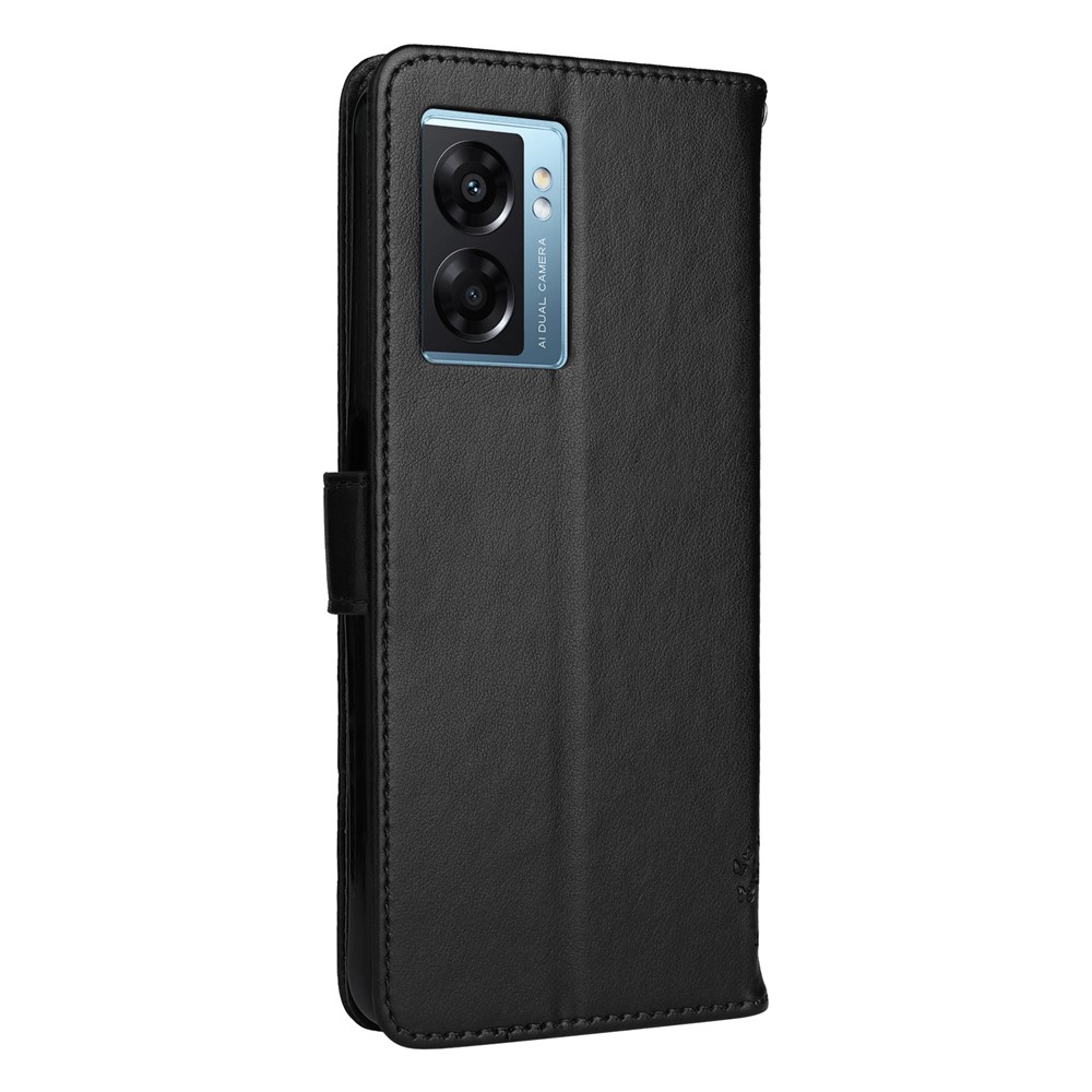 For Oppo A57 (2022) 5G/Realme V23 4G KT Imprinting Flower Series-3 Wallet Phone Case Cat Tree Pattern Imprinted PU Leather Stand Magnetic Flip Cover with Strap - Black-7