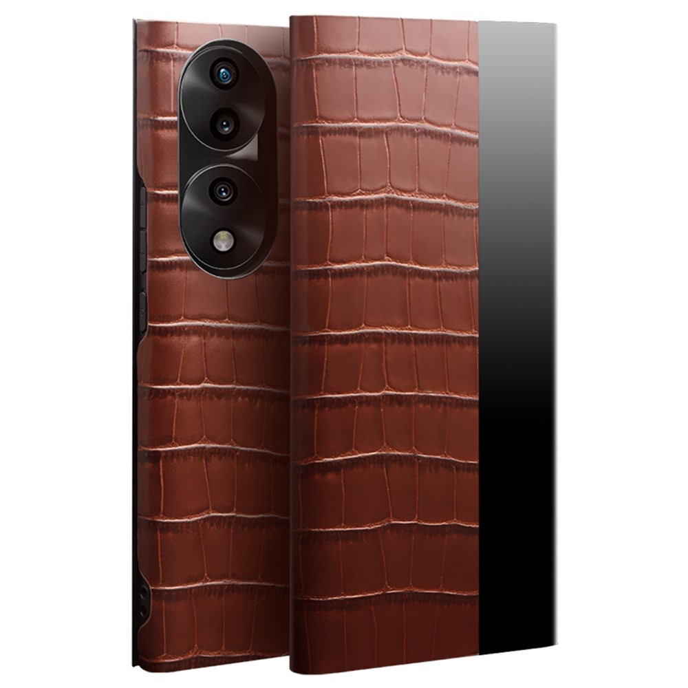 QIALINO For Honor 70 5G Well-protected Phone Cover, View Window Crocodile Texture Genuine Leather Folio Flip Auto Wake/Sleep Case - Brown-1