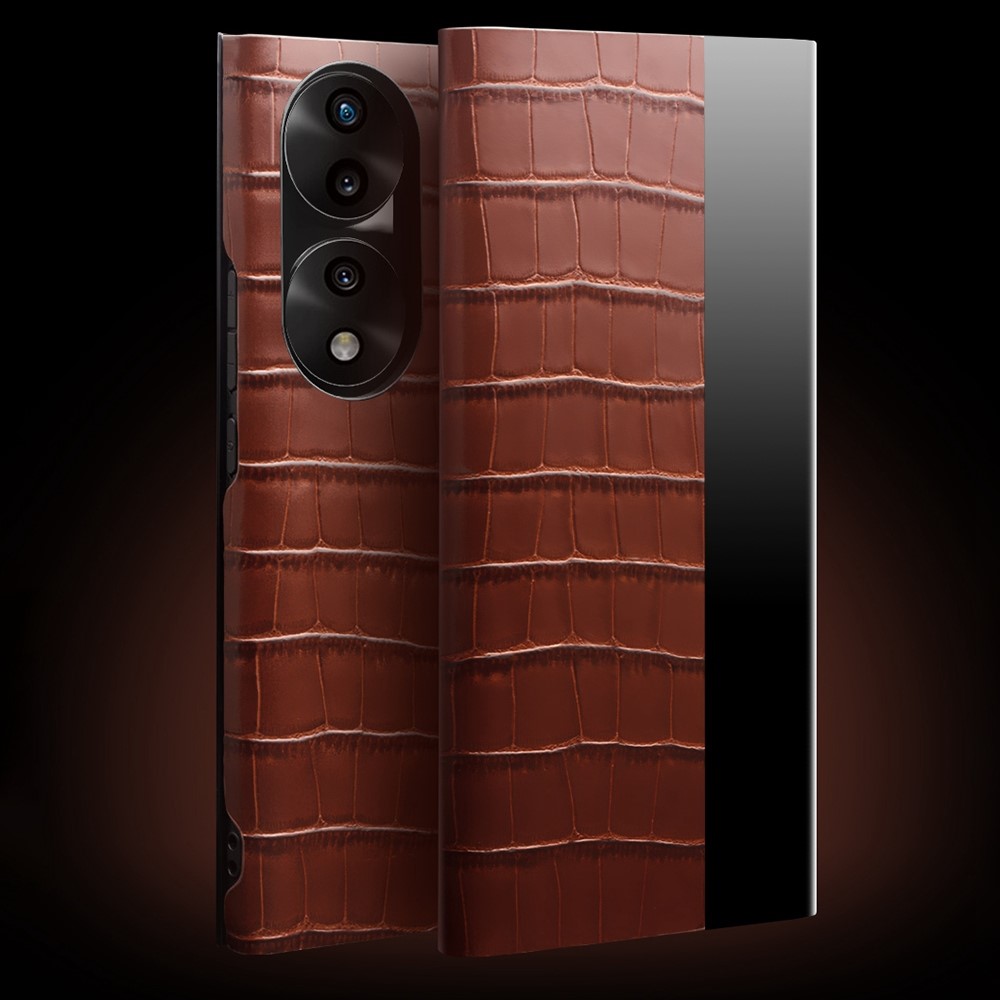QIALINO For Honor 70 5G Well-protected Phone Cover, View Window Crocodile Texture Genuine Leather Folio Flip Auto Wake/Sleep Case - Brown-2