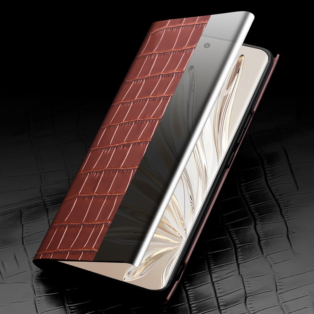 QIALINO For Honor 70 5G Well-protected Phone Cover, View Window Crocodile Texture Genuine Leather Folio Flip Auto Wake/Sleep Case - Brown-3