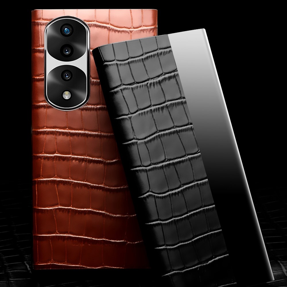 QIALINO For Honor 70 5G Well-protected Phone Cover, View Window Crocodile Texture Genuine Leather Folio Flip Auto Wake/Sleep Case - Brown-5