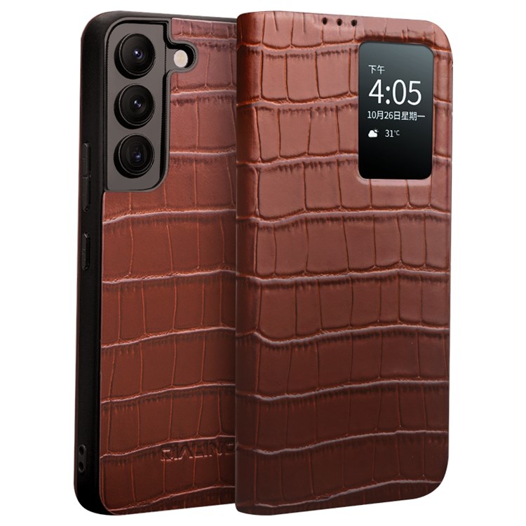 QIALINO For Samsung Galaxy S21+ 5G Phone Cover, View Window Crocodile Texture Genuine Leather Folio Flip Auto Wake/Sleep Case - Brown-1