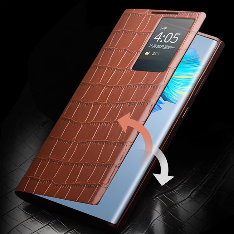 QIALINO For Samsung Galaxy S21+ 5G Phone Cover, View Window Crocodile Texture Genuine Leather Folio Flip Auto Wake/Sleep Case - Brown-2