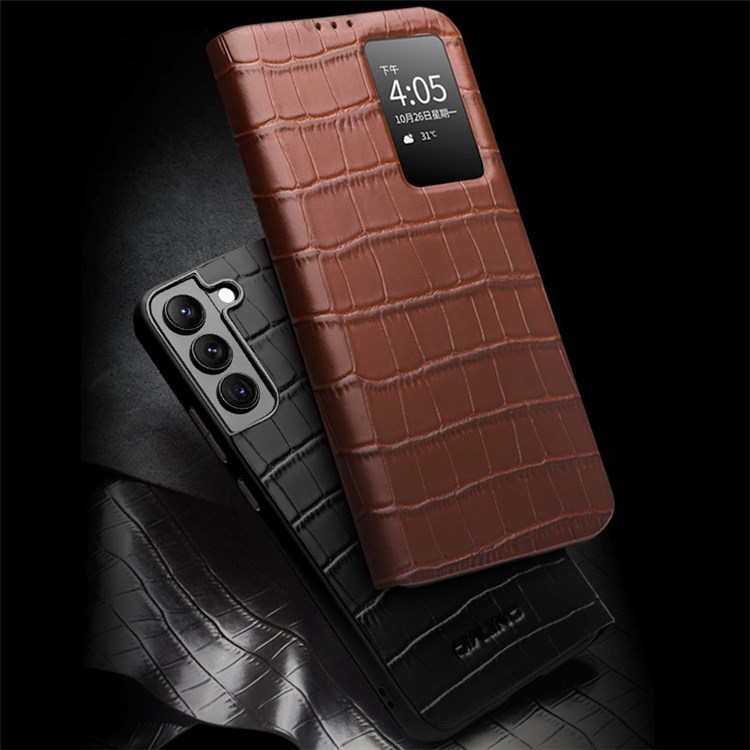 QIALINO For Samsung Galaxy S21+ 5G Phone Cover, View Window Crocodile Texture Genuine Leather Folio Flip Auto Wake/Sleep Case - Brown-7