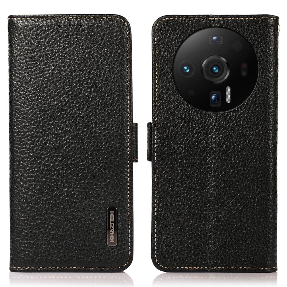 KHAZNEH Litchi Texture Phone Case for Xiaomi 12 Ultra, Genuine Leather RFID Blocking Drop-proof Cover with Wallet Stand - Black-1
