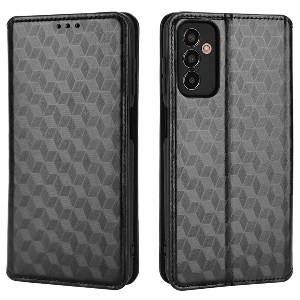 For Samsung Galaxy M13 4G Imprinting Rhombus Pattern PU Leather Cover Magnetic Auto-absorbed Phone Stand Wallet Case - Black-1