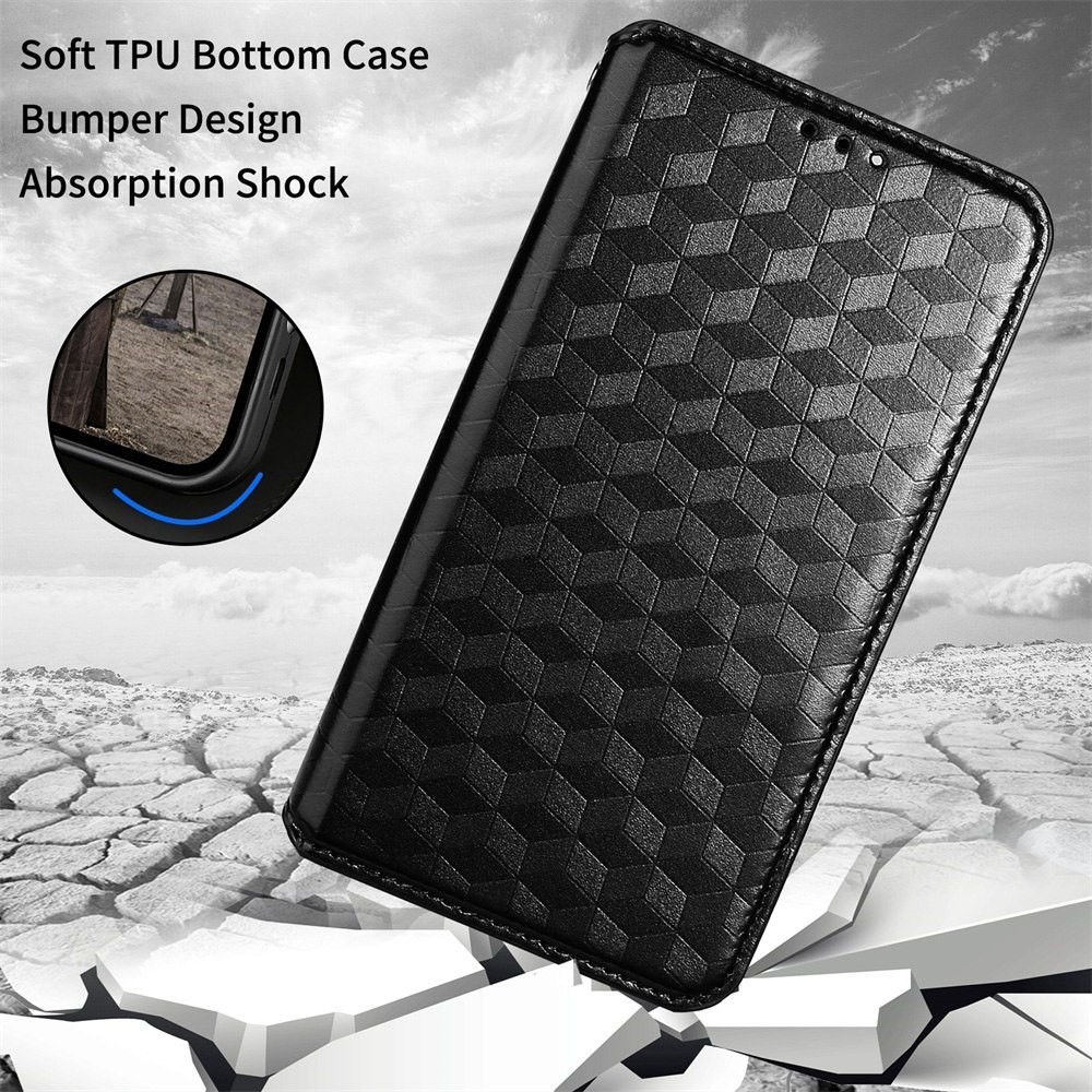 For Samsung Galaxy M13 4G Imprinting Rhombus Pattern PU Leather Cover Magnetic Auto-absorbed Phone Stand Wallet Case - Black-6