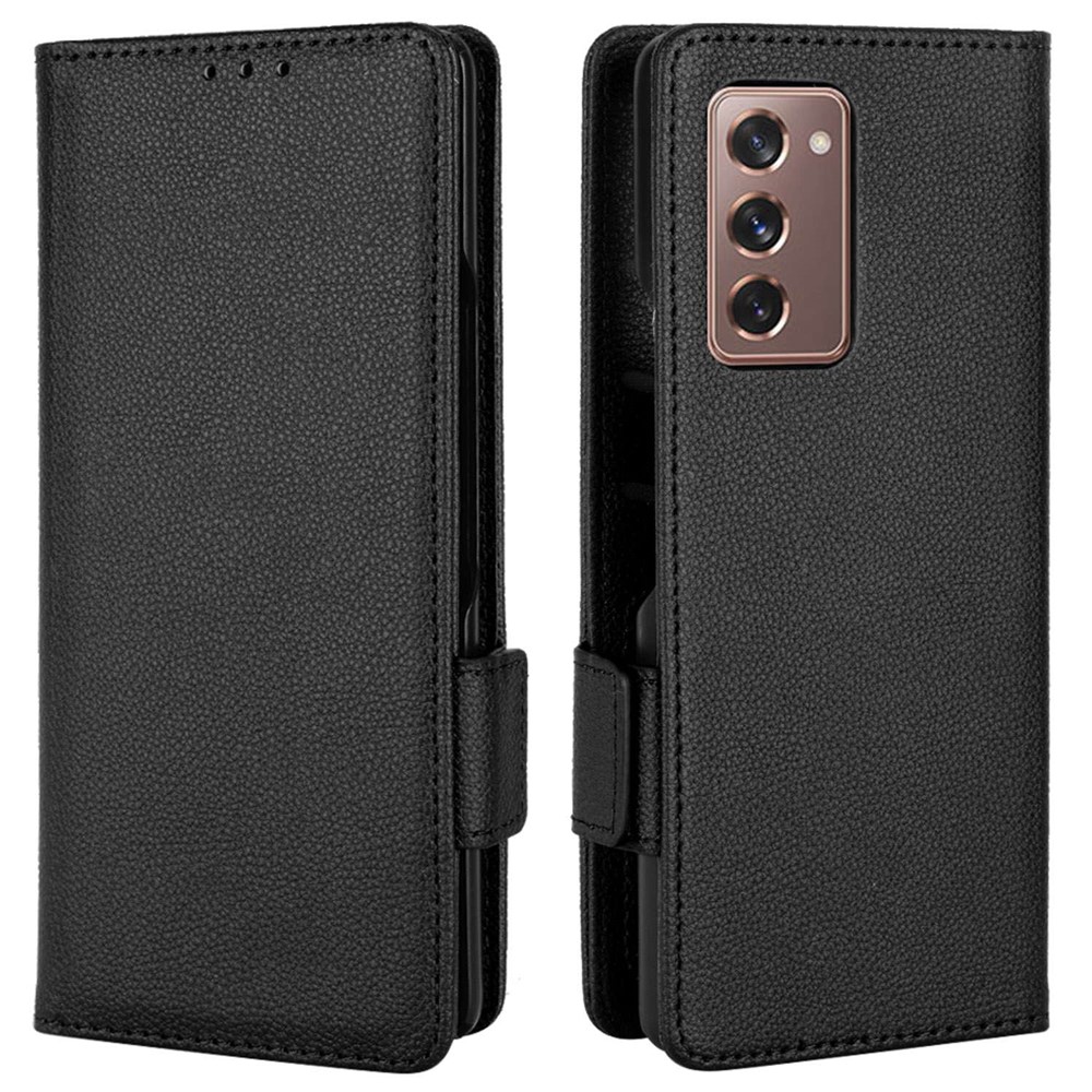 For Samsung Galaxy Z Fold2 5G Litchi Texture Shockproof Phone Case PU Leather Double Magnetic Clasp Cover with Stand Wallet - Black