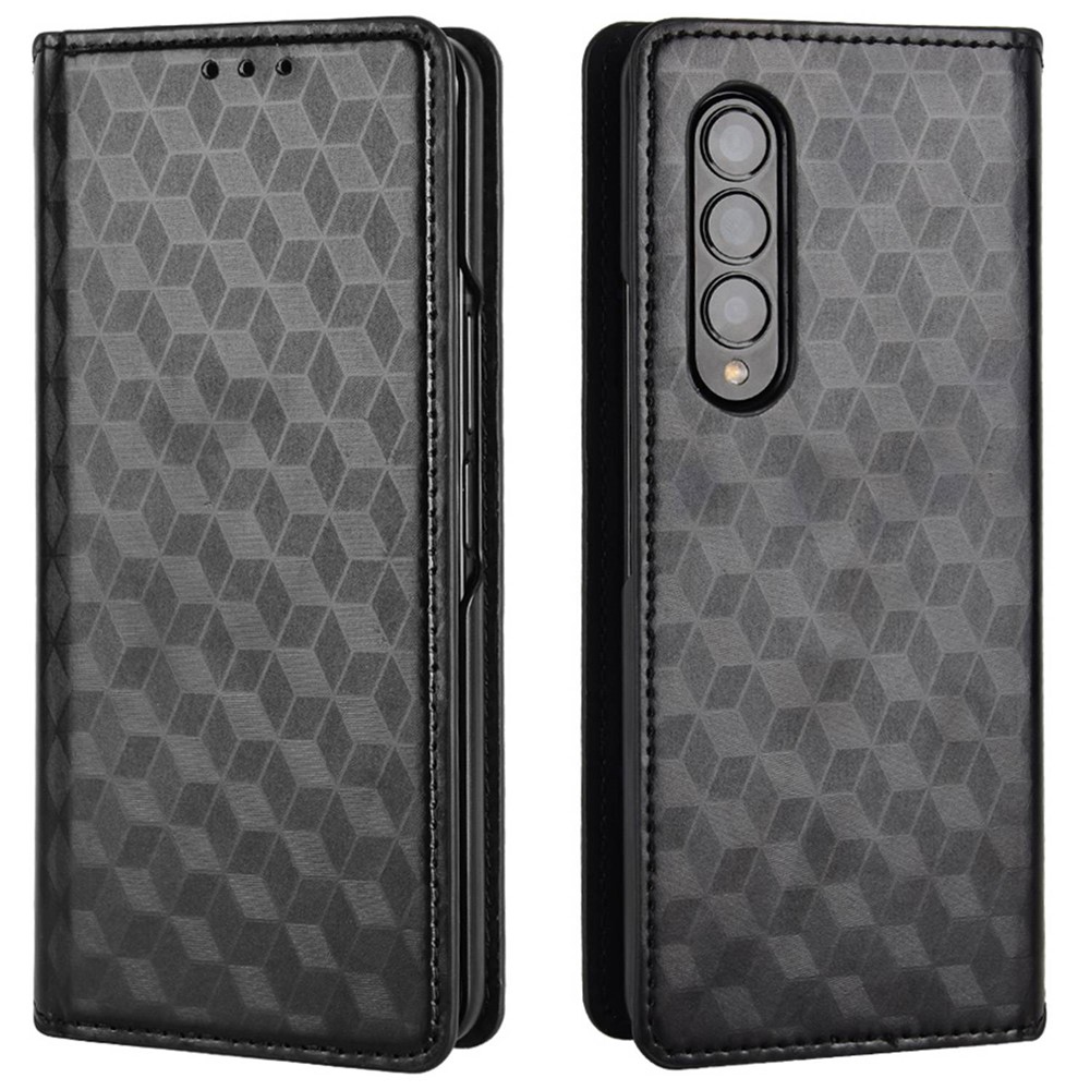 For Samsung Galaxy Z Fold3 5G Imprinting Rhombus Pattern Stand Wallet Leather Case Anti-drop Phone Cover - Black-1