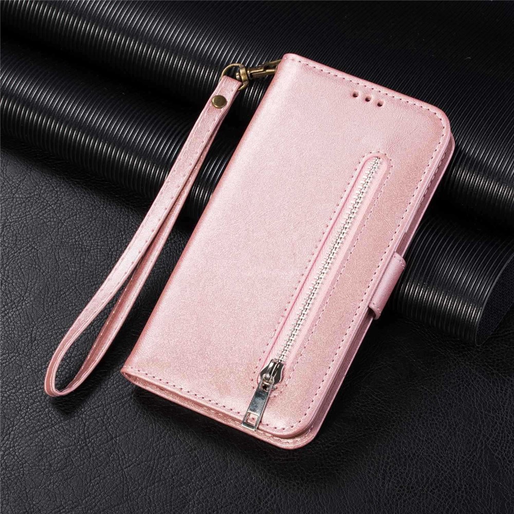 For iPhone 14 6.1 inch Anti-fall PU Leather Phone Case with Zipper Pocket Design Wear-resistant Cover Wallet Stand - Rose Gold-6