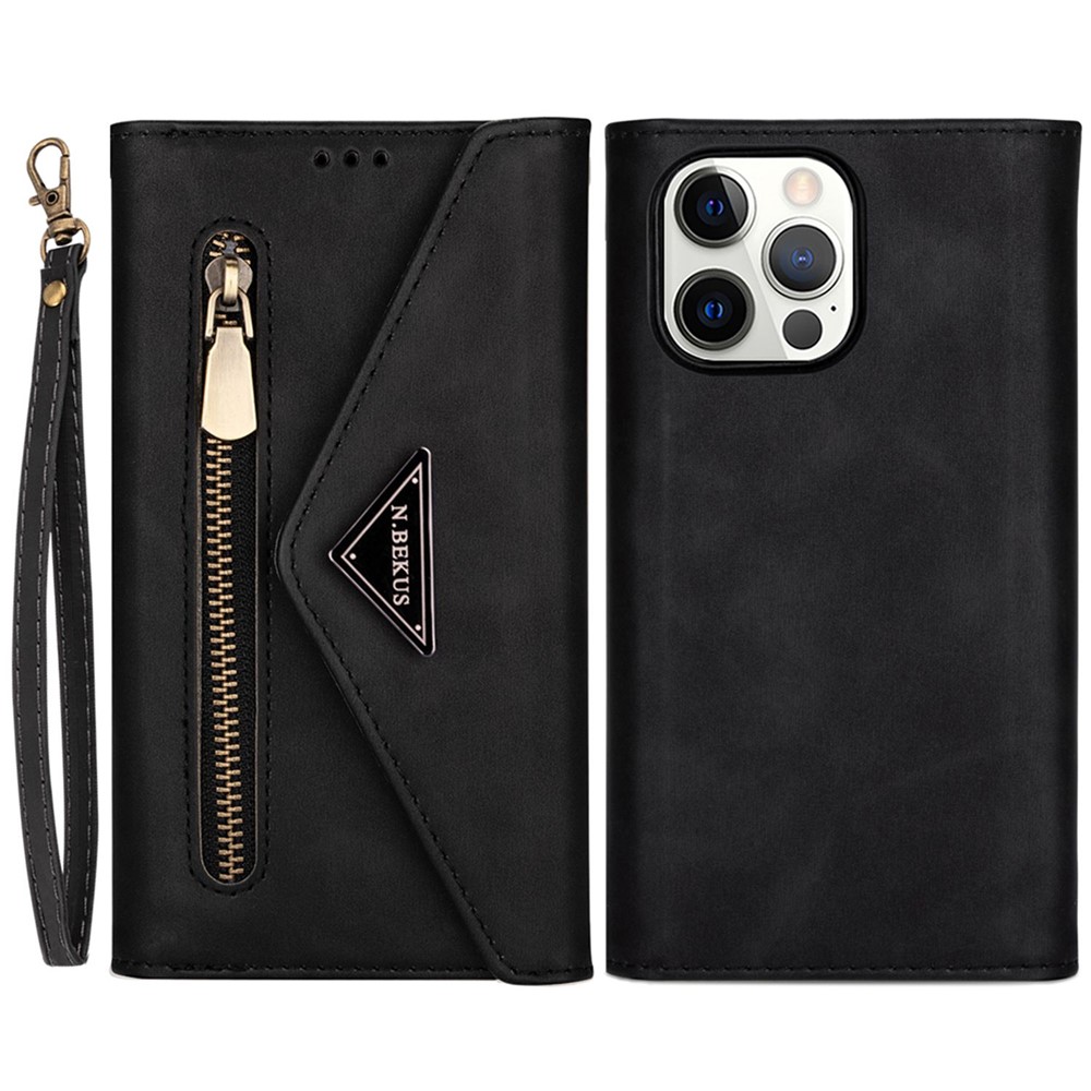 For iPhone 14 Pro Max 6.7 inch Shock Absorption Phone Case PU Leather Skin-touch Feeling Zipper Wallet Stand Cover with Short + Long Strap - Black-1