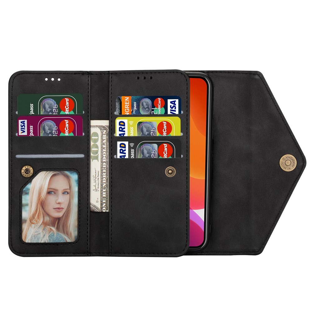 For iPhone 14 Pro Max 6.7 inch Shock Absorption Phone Case PU Leather Skin-touch Feeling Zipper Wallet Stand Cover with Short + Long Strap - Black-2