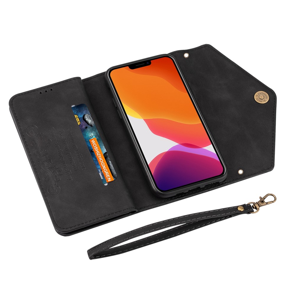 For iPhone 14 Pro Max 6.7 inch Shock Absorption Phone Case PU Leather Skin-touch Feeling Zipper Wallet Stand Cover with Short + Long Strap - Black-4