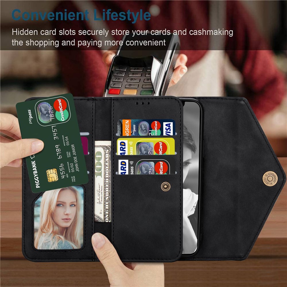 For iPhone 14 Pro Max 6.7 inch Shock Absorption Phone Case PU Leather Skin-touch Feeling Zipper Wallet Stand Cover with Short + Long Strap - Black-7
