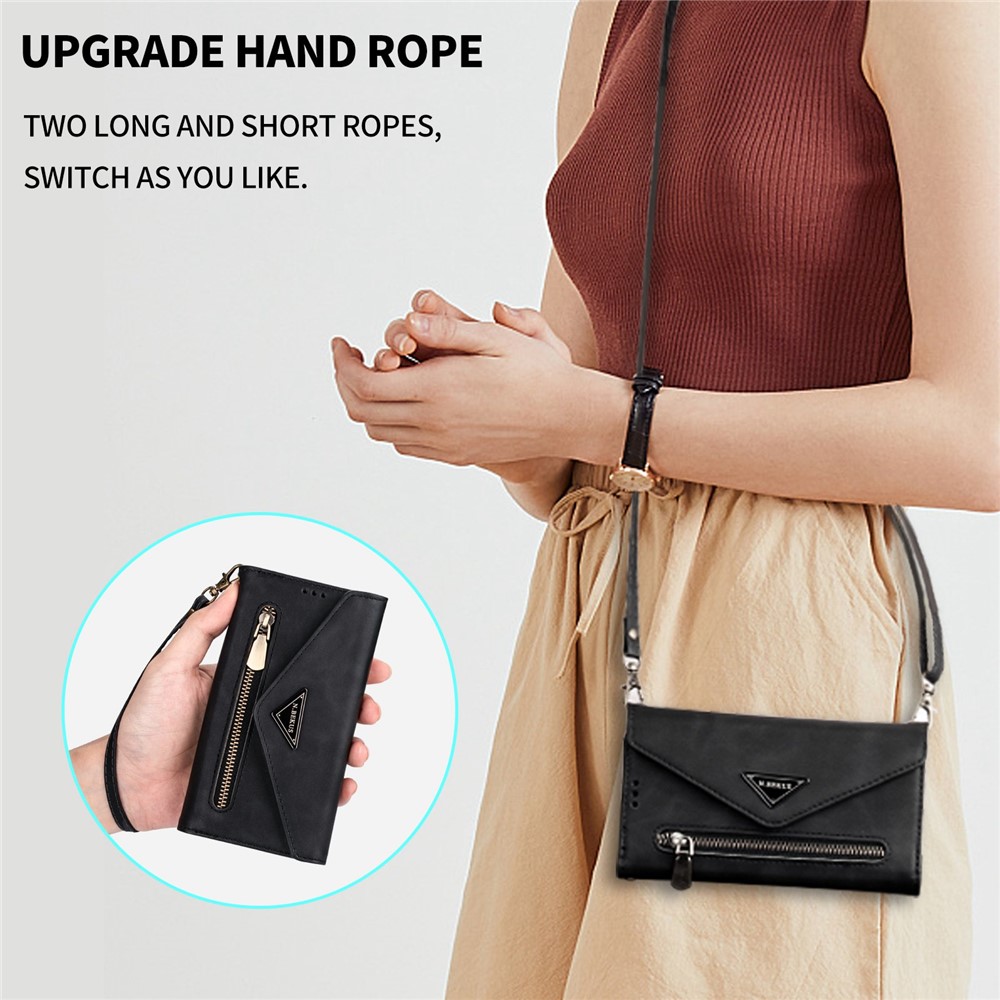 For iPhone 14 Pro Max 6.7 inch Shock Absorption Phone Case PU Leather Skin-touch Feeling Zipper Wallet Stand Cover with Short + Long Strap - Black-8