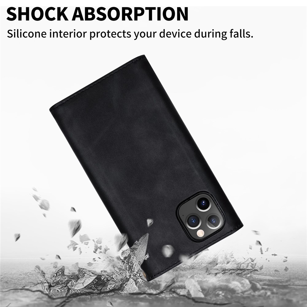 For iPhone 14 Pro Max 6.7 inch Shock Absorption Phone Case PU Leather Skin-touch Feeling Zipper Wallet Stand Cover with Short + Long Strap - Black-9