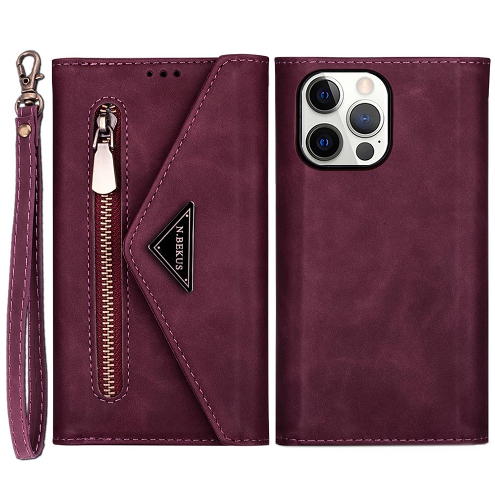 For iPhone 14 Pro 6.1 inch Anti-fall Phone Case Multiple Card Slots Wear-resistant PU Leather Zipper Wallet Stand Cover with Short + Long Strap - Wine Red-1