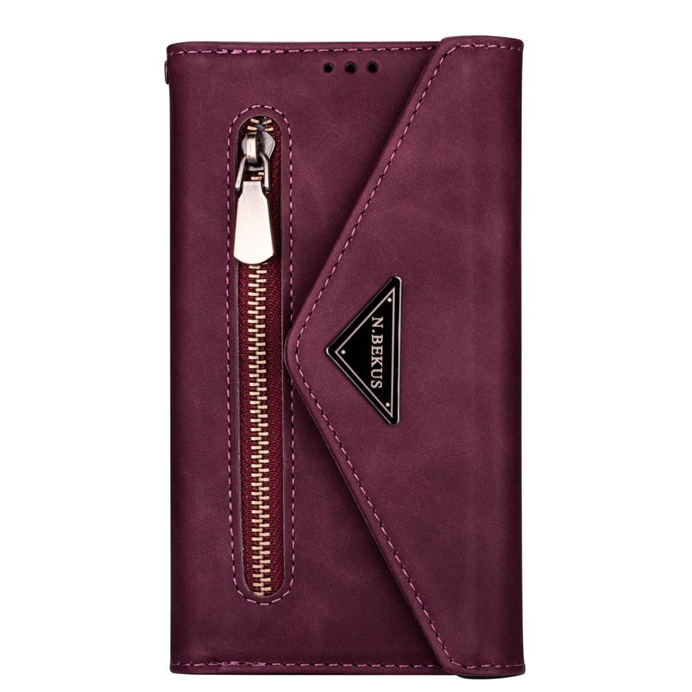 For iPhone 14 Pro 6.1 inch Anti-fall Phone Case Multiple Card Slots Wear-resistant PU Leather Zipper Wallet Stand Cover with Short + Long Strap - Wine Red-11