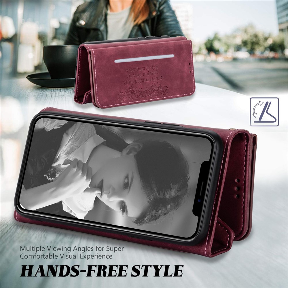 For iPhone 14 Pro 6.1 inch Anti-fall Phone Case Multiple Card Slots Wear-resistant PU Leather Zipper Wallet Stand Cover with Short + Long Strap - Wine Red-6