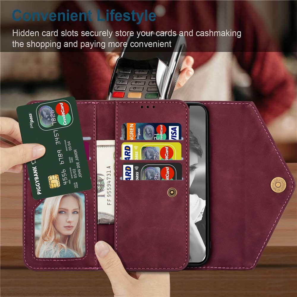 For iPhone 14 Pro 6.1 inch Anti-fall Phone Case Multiple Card Slots Wear-resistant PU Leather Zipper Wallet Stand Cover with Short + Long Strap - Wine Red-7
