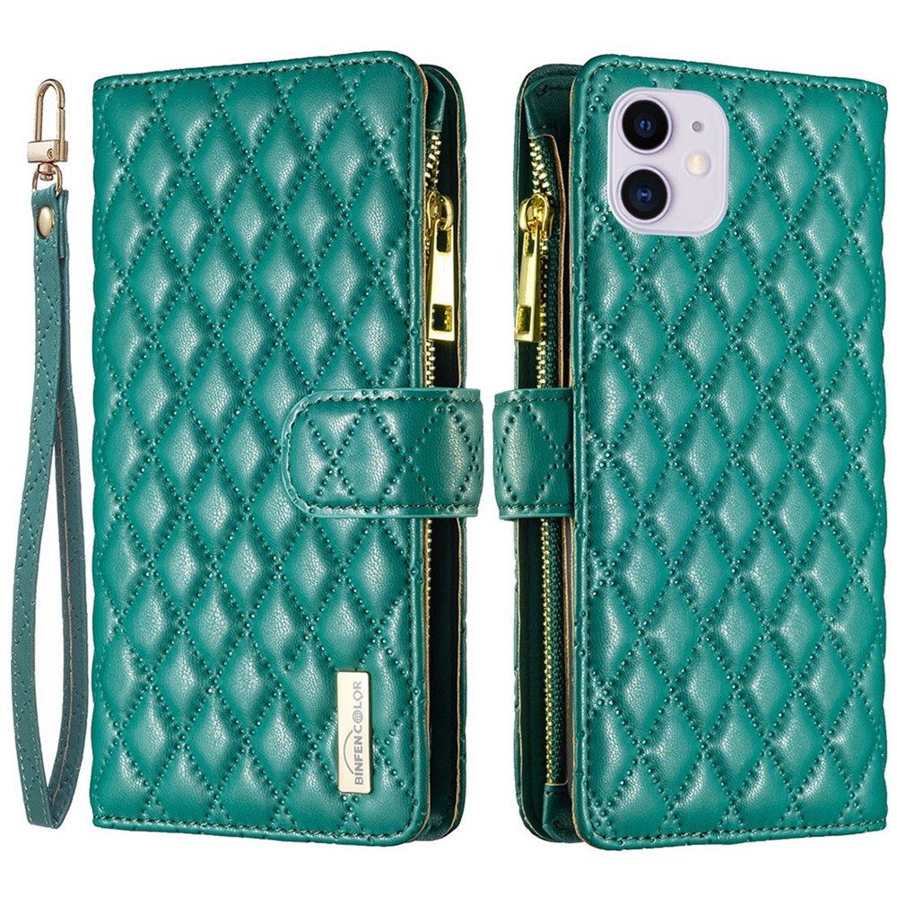 BINFEN COLOR BF Style-15 for iPhone 11 6.1 inch Imprinted Rhombus Pattern Zipper Pocket Design Cover Stand Function Folio Flip Matte PU Leather Phone Case with Wallet - Green