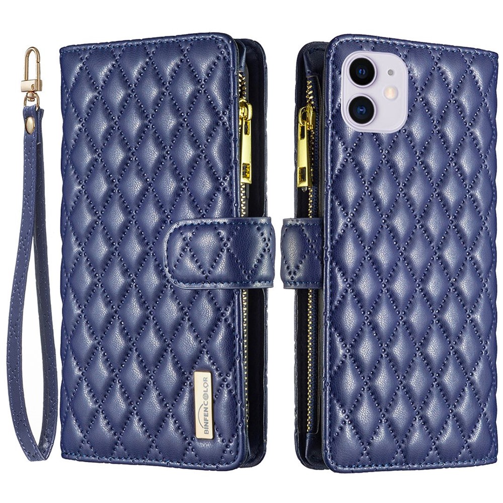 BINFEN COLOR BF Style-15 for iPhone 11 6.1 inch Imprinted Rhombus Pattern Zipper Pocket Design Cover Stand Function Folio Flip Matte PU Leather Phone Case with Wallet - Blue
