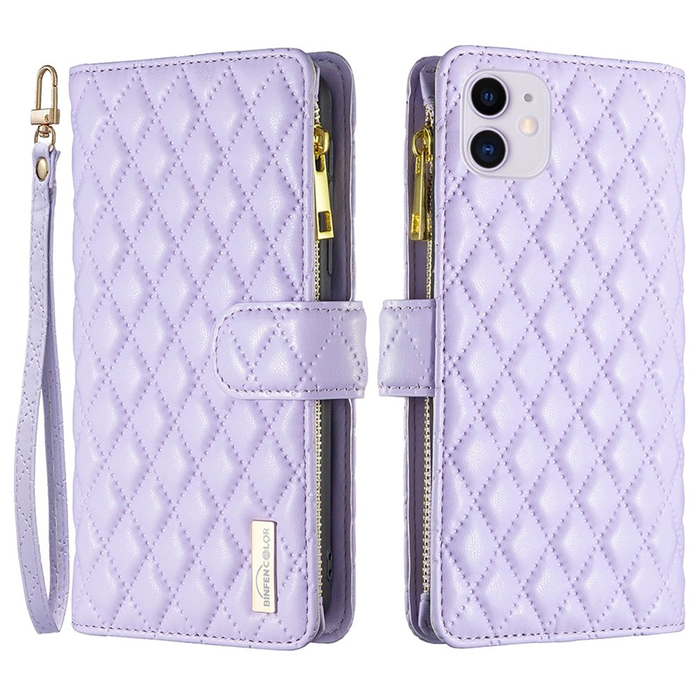 BINFEN COLOR BF Style-15 for iPhone 11 6.1 inch Imprinted Rhombus Pattern Zipper Pocket Design Cover Stand Function Folio Flip Matte PU Leather Phone Case with Wallet - Purple