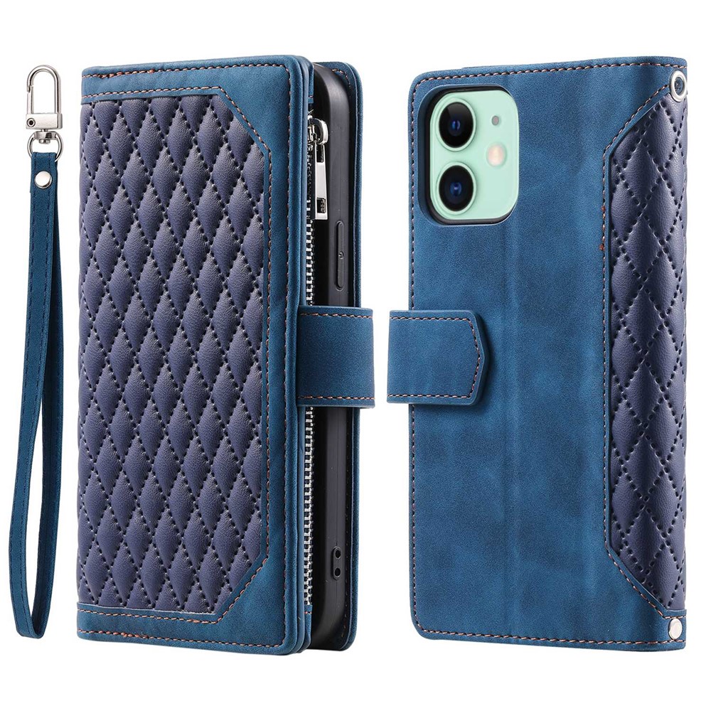 For iPhone 11 6.1 inch 005 Wallet Style Magnetic Closure Phone Cover Rhombus Grid Texture PU Leather Zipper Pocket Stand Case - Blue