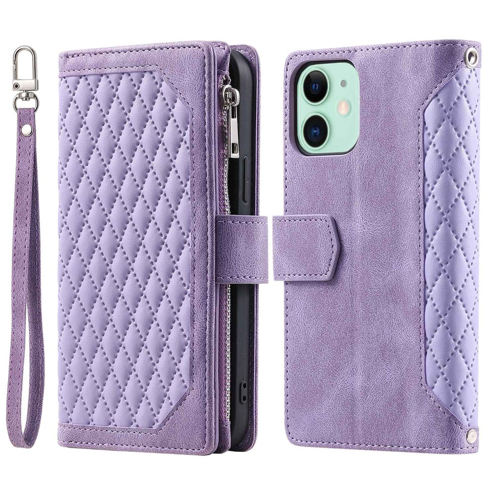 For iPhone 11 6.1 inch 005 Wallet Style Magnetic Closure Phone Cover Rhombus Grid Texture PU Leather Zipper Pocket Stand Case - Purple