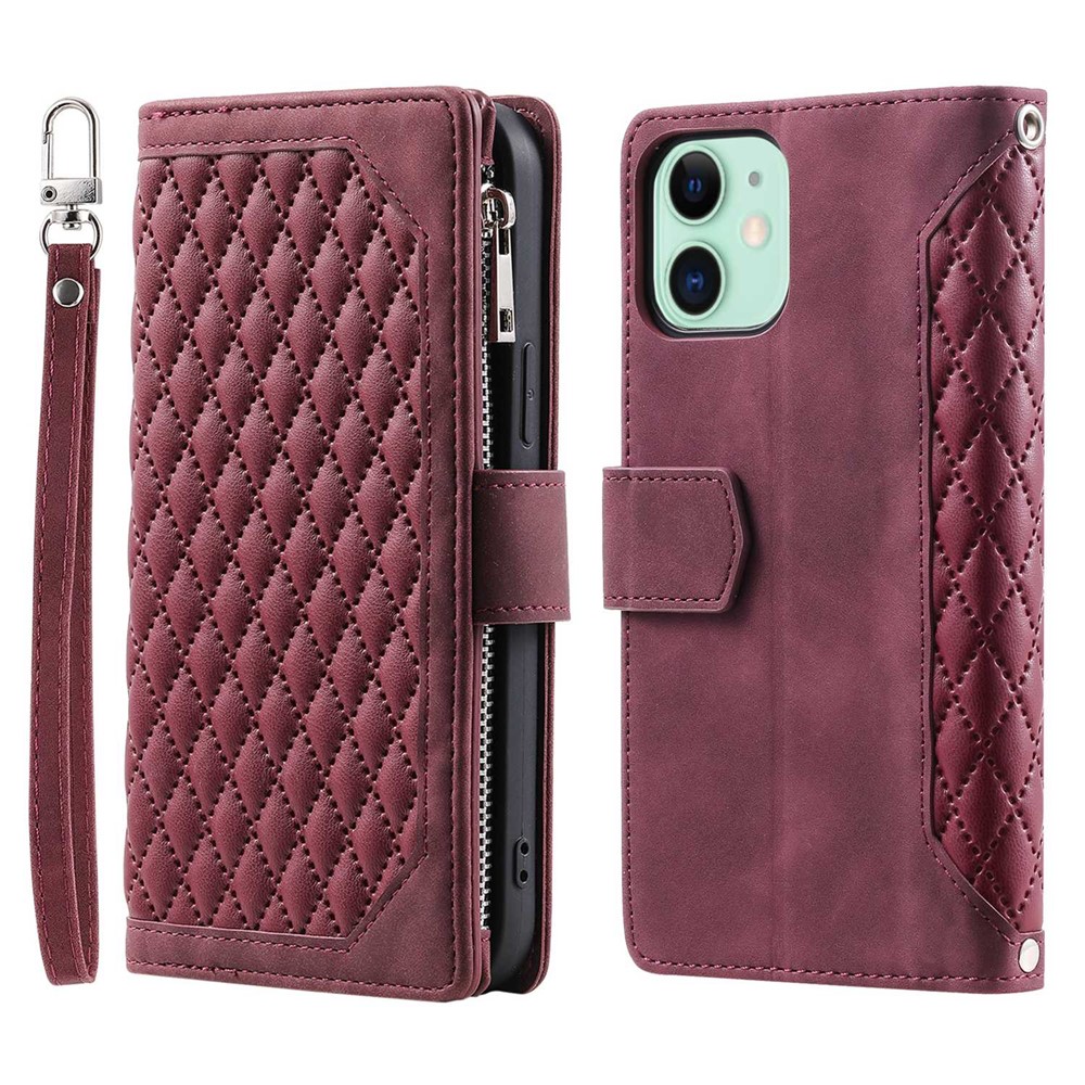 For iPhone 11 6.1 inch 005 Wallet Style Magnetic Closure Phone Cover Rhombus Grid Texture PU Leather Zipper Pocket Stand Case - Wine Red