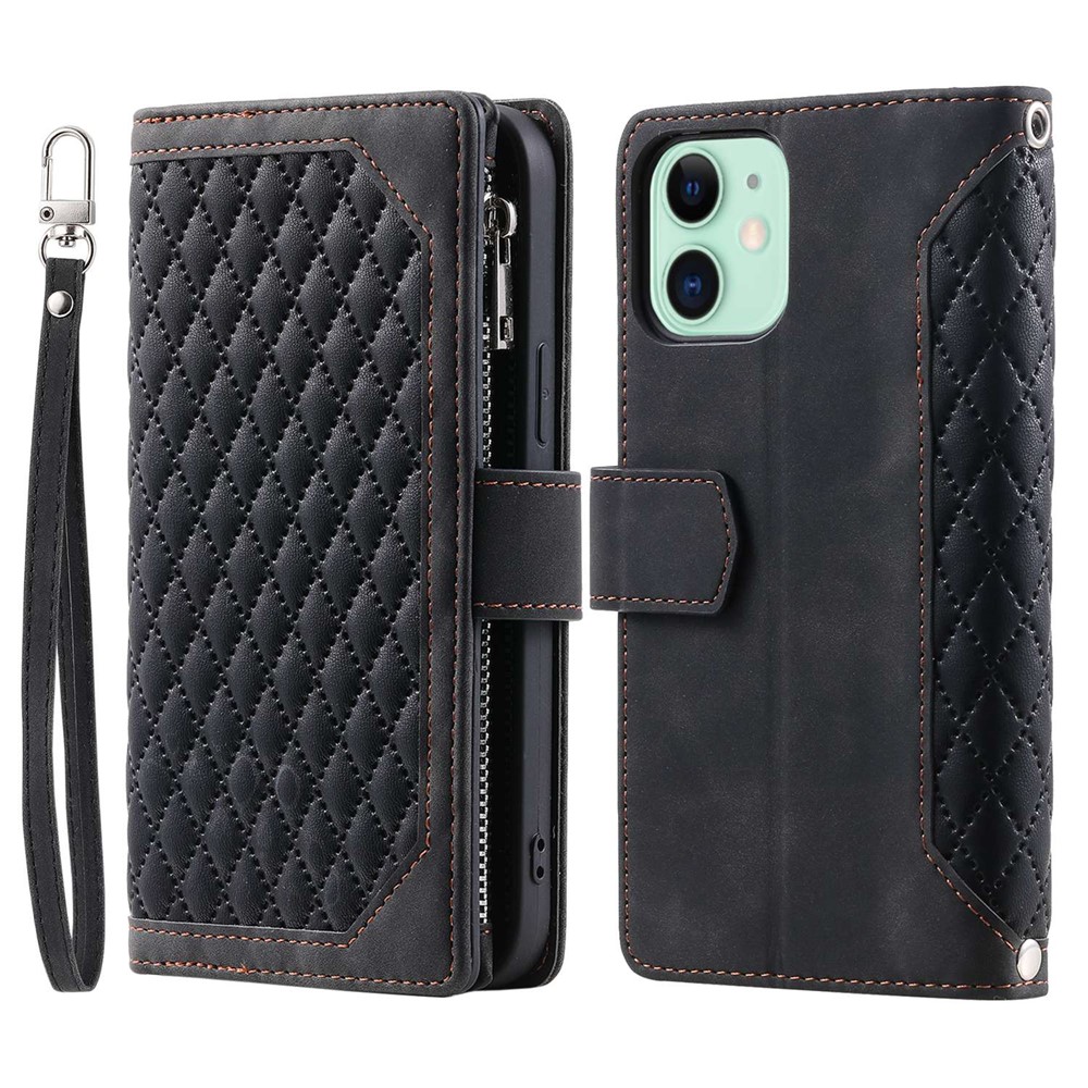 For iPhone 11 6.1 inch 005 Wallet Style Magnetic Closure Phone Cover Rhombus Grid Texture PU Leather Zipper Pocket Stand Case - Black
