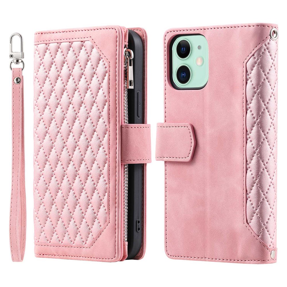 For iPhone 11 6.1 inch 005 Wallet Style Magnetic Closure Phone Cover Rhombus Grid Texture PU Leather Zipper Pocket Stand Case - Rose Gold