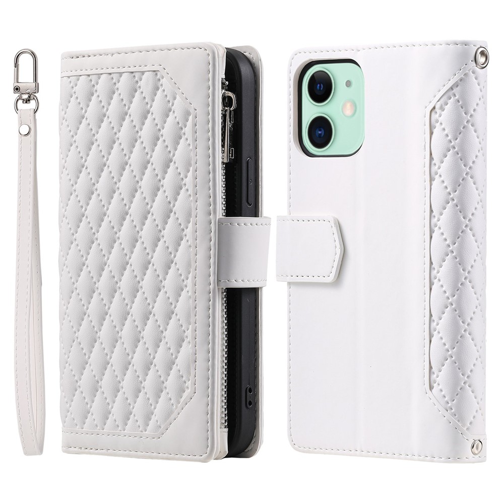 For iPhone 11 6.1 inch 005 Wallet Style Magnetic Closure Phone Cover Rhombus Grid Texture PU Leather Zipper Pocket Stand Case - White