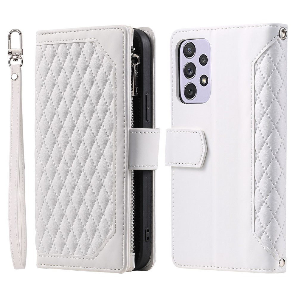 005 Style for Samsung Galaxy A72 4G / 5G Zipper Pocket Design Rhombus Texture Phone Cover PU Leather Stand Wallet Protective Case with Wrist Strap - White