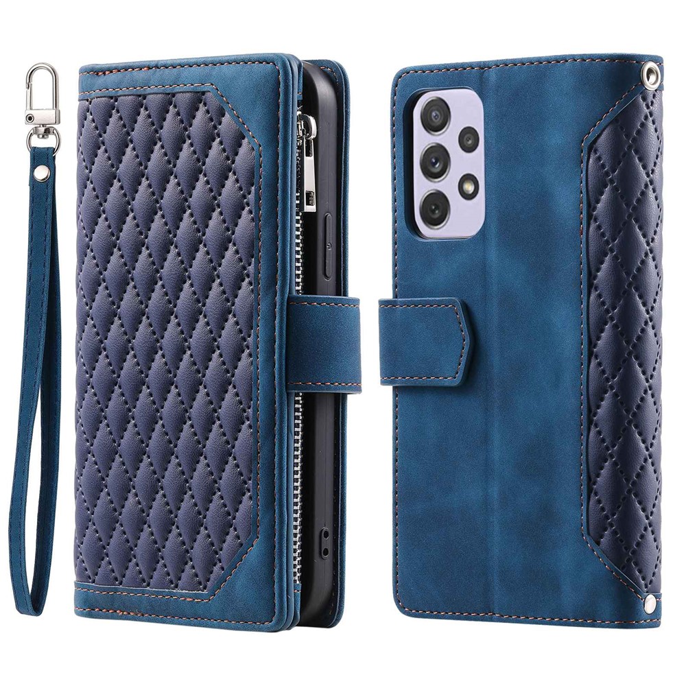 005 Style for Samsung Galaxy A72 4G / 5G Zipper Pocket Design Rhombus Texture Phone Cover PU Leather Stand Wallet Protective Case with Wrist Strap - Blue