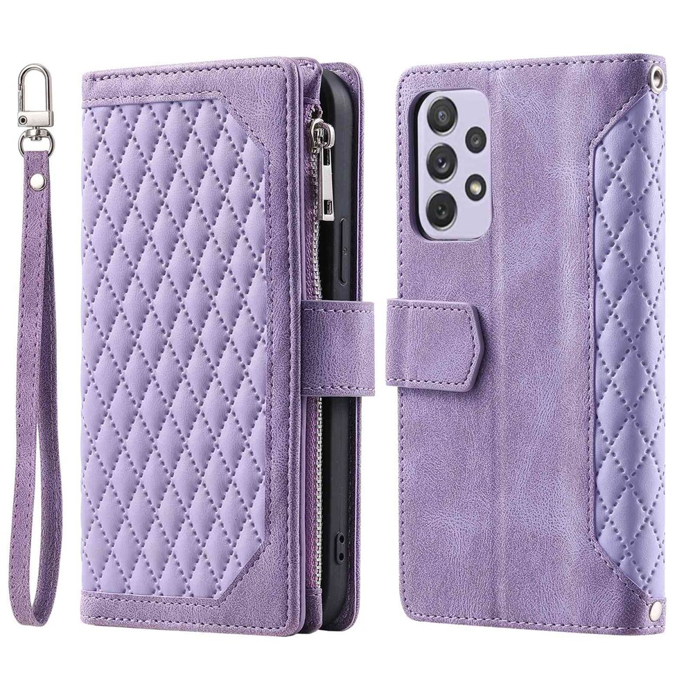 005 Style for Samsung Galaxy A72 4G / 5G Zipper Pocket Design Rhombus Texture Phone Cover PU Leather Stand Wallet Protective Case with Wrist Strap - Purple