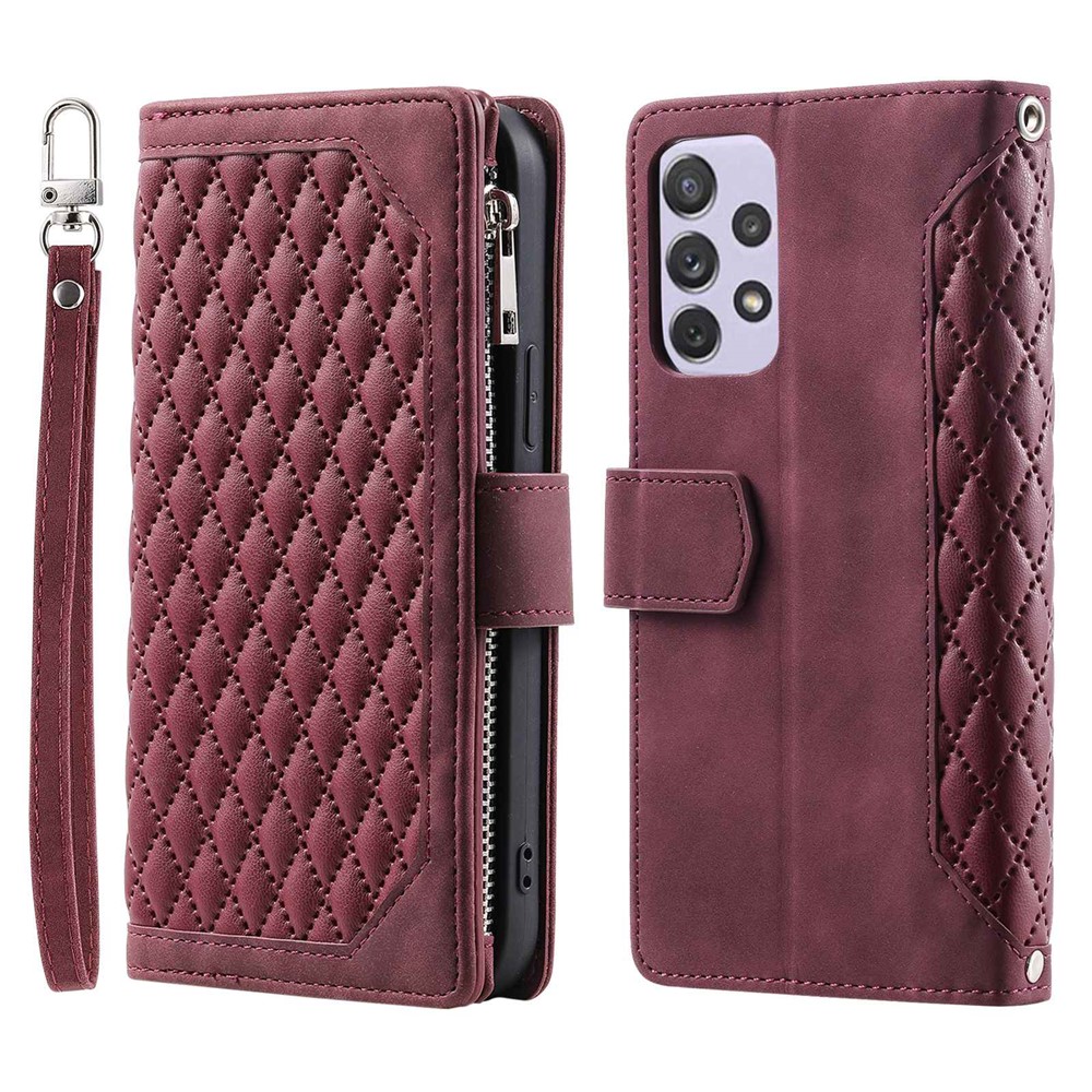 005 Style for Samsung Galaxy A72 4G / 5G Zipper Pocket Design Rhombus Texture Phone Cover PU Leather Stand Wallet Protective Case with Wrist Strap - Wine Red