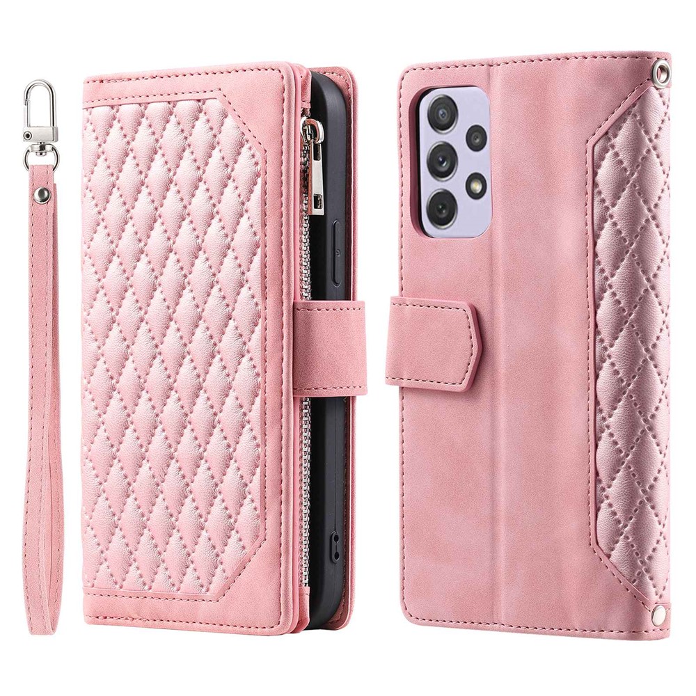005 Style for Samsung Galaxy A72 4G / 5G Zipper Pocket Design Rhombus Texture Phone Cover PU Leather Stand Wallet Protective Case with Wrist Strap - Rose Gold