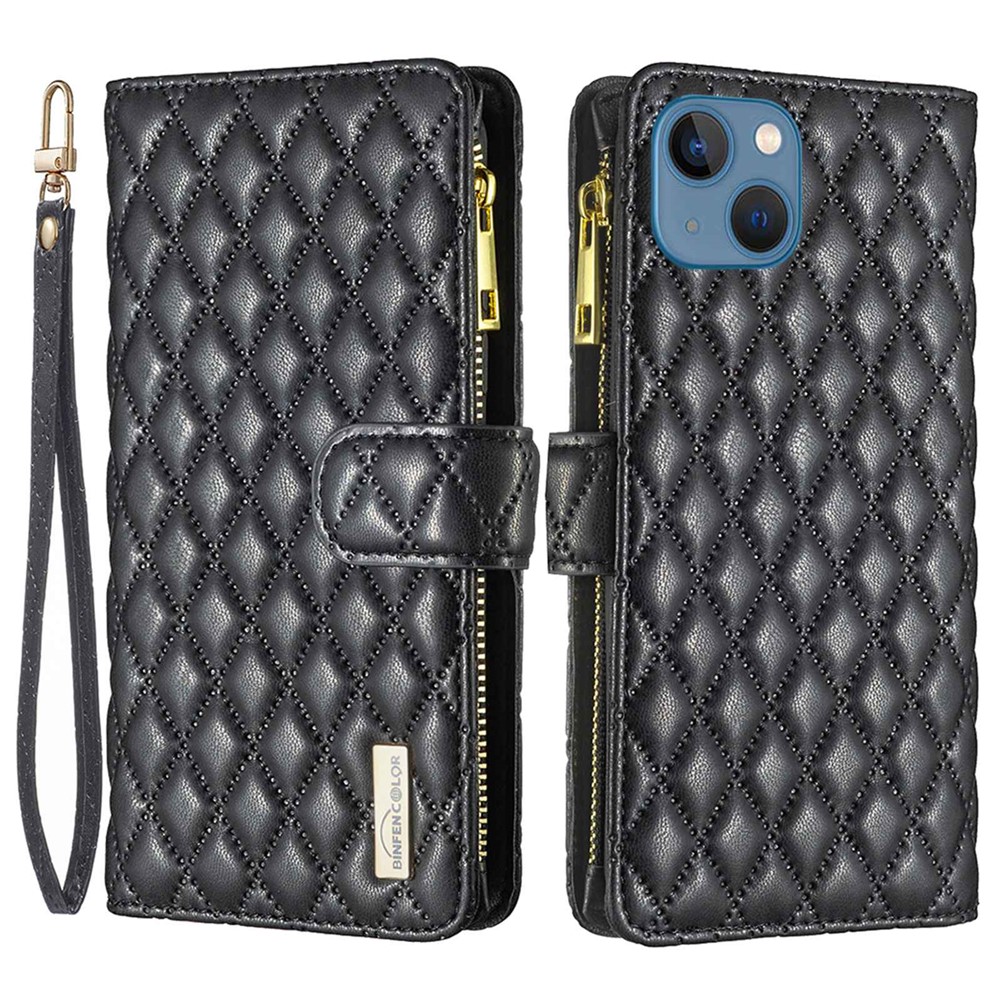 BINFEN COLOR BF Style-15 for iPhone 13 mini 5.4 inch Zipper Pocket Rhombus Pattern Imprinted Phone Case Matte PU Leather Wallet Stand Shell - Black