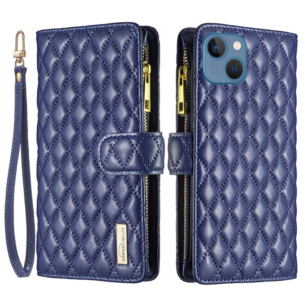 BINFEN COLOR BF Style-15 for iPhone 13 mini 5.4 inch Zipper Pocket Rhombus Pattern Imprinted Phone Case Matte PU Leather Wallet Stand Shell - Blue