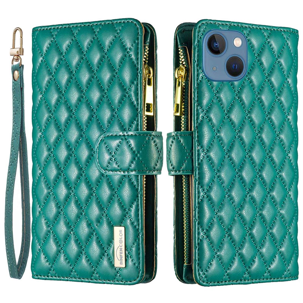 BINFEN COLOR BF Style-15 for iPhone 13 mini 5.4 inch Zipper Pocket Rhombus Pattern Imprinted Phone Case Matte PU Leather Wallet Stand Shell - Green