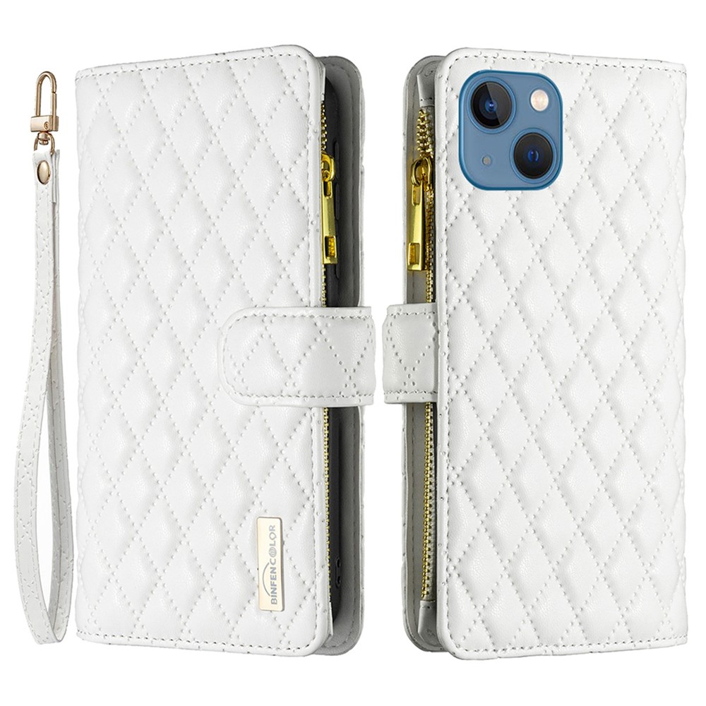 BINFEN COLOR BF Style-15 for iPhone 13 mini 5.4 inch Zipper Pocket Rhombus Pattern Imprinted Phone Case Matte PU Leather Wallet Stand Shell - White