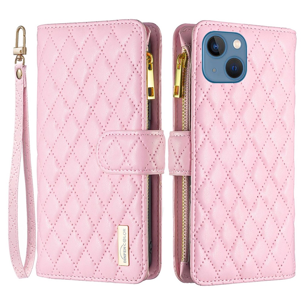 BINFEN COLOR BF Style-15 for iPhone 13 mini 5.4 inch Zipper Pocket Rhombus Pattern Imprinted Phone Case Matte PU Leather Wallet Stand Shell - Pink